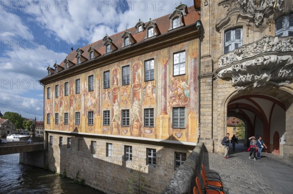Frescoes on the façade of the Old Town Hall, repainting by Anton Greiner around 1960, Old Town Hall, built in 1467 in the Regnitz, Bamberg, Upper Franconia, Bavaria, Germany, Europe