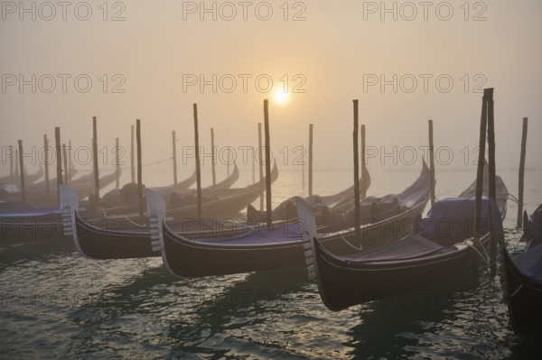 View from 'Colonna di San Marco e San Teodoro' on the gondolas lying in the water at sunrise in Venice on a foggy morning in winter, Italy, Europe
