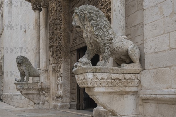 Lion sculptures at the entrance portal of the cathedral, Altamura, Apulia