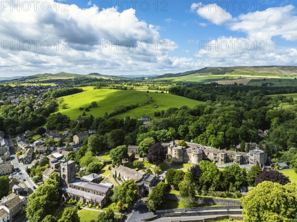 Skipton Castle from a drone, North Yorkshire, England, United Kingdom, Europe