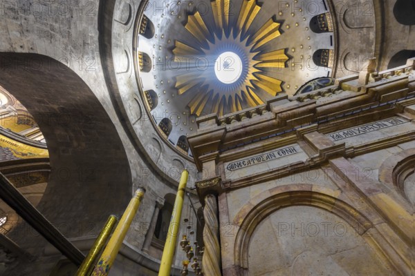 Jerusalem, Israel, 17 April, 2022: Church of the Holy Sepulchre in Old City of Jerusalem, Golgotha Jesus Christ tomb, a place of resurrection and Christian pilgrimage, Asia