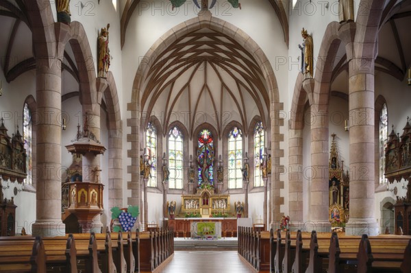 Interior view, nave, choir, altar, New Parish Church of the Assumption of the Virgin Mary, Scena, South Tyrol, Autonomous Province of Bolzano, Italy, Europe
