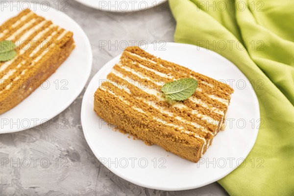 Homemade honey cake with milk cream and mint with cup of coffee on a gray concrete background and green textile. Side view, close up, selective focus