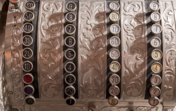 Old, mechanical cash register, currency in marks and pfennigs, numeric