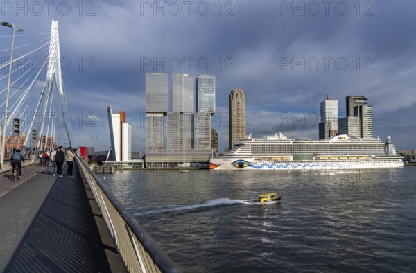 Rotterdam, skyline at the Nieuwe Maas, Erasmus Bridge, skyscrapers at the Kop van Zuid district, cruise ship Aida Prima at the Cruise Terminal, Netherlands