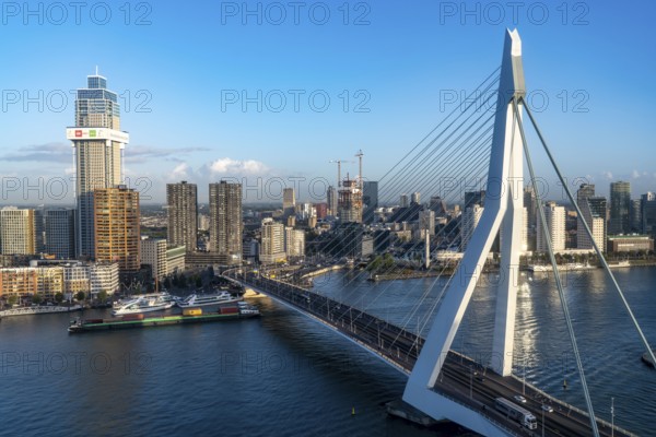 The skyline of Rotterdam, with the Erasmus Bridge over the Nieuwe Maas, Netherlands