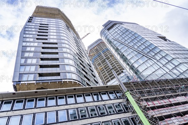 Construction site of the FOUR construction project, 4 high-rise towers at Roßmarkt in Frankfurt am Main, will be up to 228 metres high, with 59 storeys, for use as office buildings, flats, hotels and restaurants, Hesse, Germany, Europe