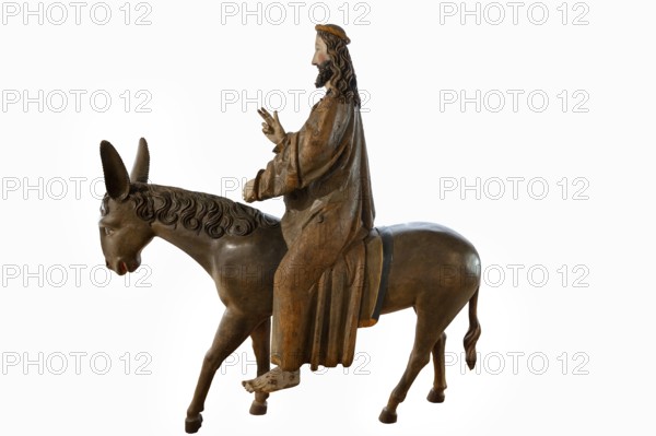 Palmesel, wooden figure from 1470, on a white background, Franciscan Museum, Villingen, Baden-Württemberg, Germany, Europe