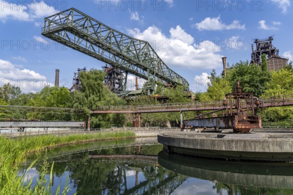 Duisburg North Landscape Park, circular clarifier, crocodile crane, blast furnaces, North Rhine-Westphalia, Germany, Europe