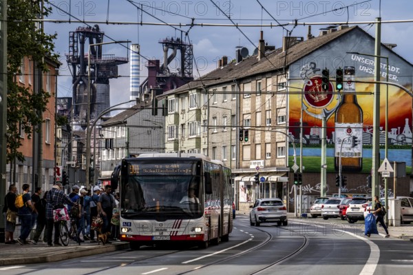 Friedrich-Ebert-Straße in Duisburg-Beeck, near the König brewery, view to the north of the Thyssenkrupp Steel steelworks, blast furnaces 8 + 9 in Duisburg-Bruckhausen, North Rhine-Westphalia, Germany, Europe
