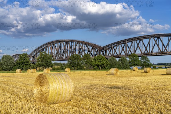 Grain field, harvested, straw bales, near Duisburg-Baerl, the Haus-Knipp railway bridge, North Rhine-Westphalia, Germany, Europe