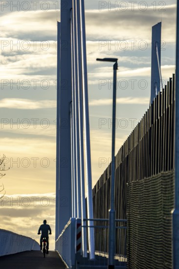 Cycle and footpath of the A40 Neuenkamp bridge, piers and stay cables of the new motorway bridge over the Rhine near Duisburg, the old bridge is currently being dismantled, then the second part of the Neuenkamp bridge will be built, North Rhine-Westphalia, Germany, Europe