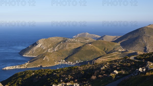 View of a picturesque coastline with mountains and the sea under a blue sky, southern tip, Mani peninsula, Peloponnese, Greece, Europe