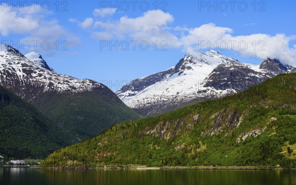 Mountains and Fjord over Norwegian Village, Olden, Innvikfjorden, Norway, Europe
