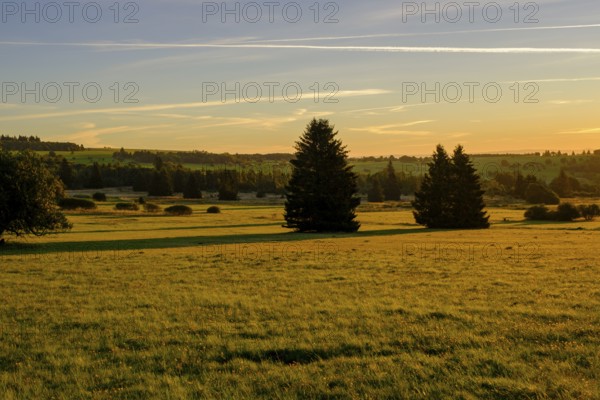 Sunrise, Hochrhönstraße, near Schwabenhimmel, UNESCO Biosphere Reserve, near Hausen, Rhön, Bavarian Rhön, Rhön, Lower Franconia, Bavaria, Germany, Europe