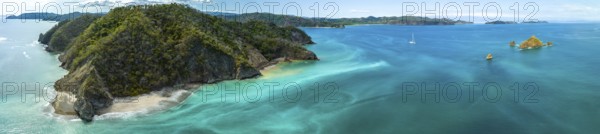 Aerial view, tropical islands and sailing boat in the turquoise ocean, Tortuga Island, Puntarenas, Costa Rica, Central America
