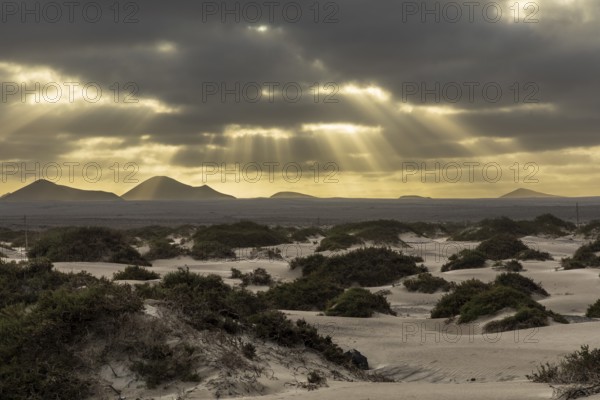 Wide desert landscape with dark clouds and sunbeams breaking through, Canary Islands, Lanzarote, Spain, Europe