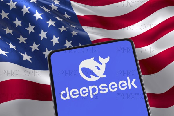 Deepseek Artificial Intelligence AI from China with USA United States of America flag on a mobile phone and website in Stuttgart, Germany, Europe