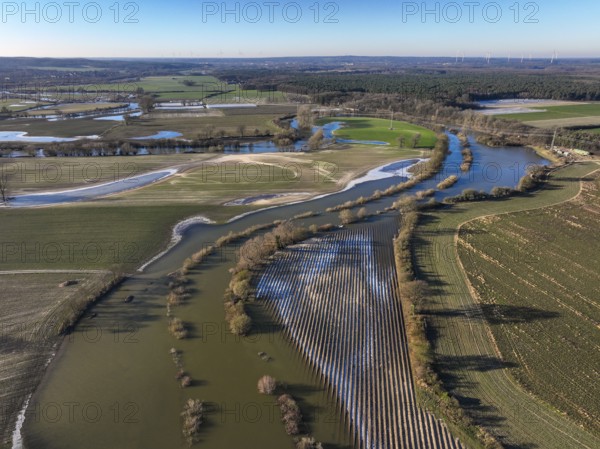 Haltern am See, North Rhine-Westphalia, Germany, floods on the Lippe, river in the Ruhr area, the fields, the agricultural land of the farmers next to the watercourse are flooded, serve as retention areas, flood areas for flood protection, Europe