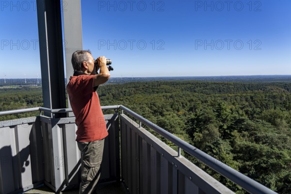 Fire watch tower on the Rennberg, near Flaesheim, Haltern am See, in the Haard forest area, one of 3 fire watch towers in the region, manned from April to October in dry weather conditions, part of the fire monitoring system, North Rhine-Westphalia, Germany, Europe