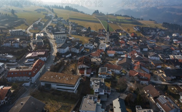 Drone image, view of the village with parish church, Patsch, Tyrol, Austria, Europe