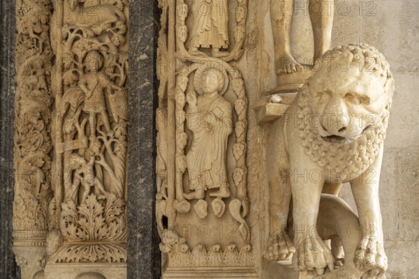Lion at Radovan's portal of the Cathedral of St Lawrence in Trogir, Croatia, Europe