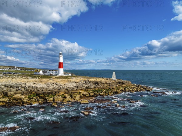 Portland Bill Lighthouse from a drone, Portland Bill, Isle of Portland, Dorset, England, United Kingdom, Europe