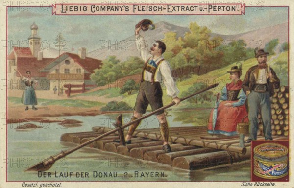 Picture series The course of the Danube, Bavaria, raftsmen, Liebig picture, digitally restored reproduction of a collector's picture from around 1900, public domain, exact date unknown, Bavarian river landscape with a man on a raft, village scene in the background