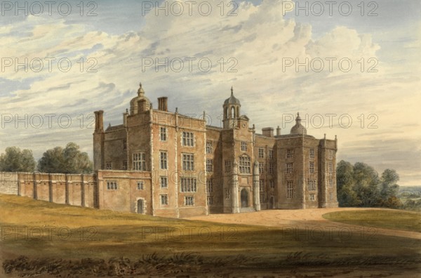 North East View of Beaudesert, Staffordshire, the Seat of the Marquis of Anglesea, in the West Midlands of England, digitally restored reproduction of a 19th-century original by John Buckler, Record date not stated, North East View of Beaudesert, the Seat of the Marquis of Anglesea, in the West Midlands of England, digitally restored reproduction of a 19th-century original, Record date not stated