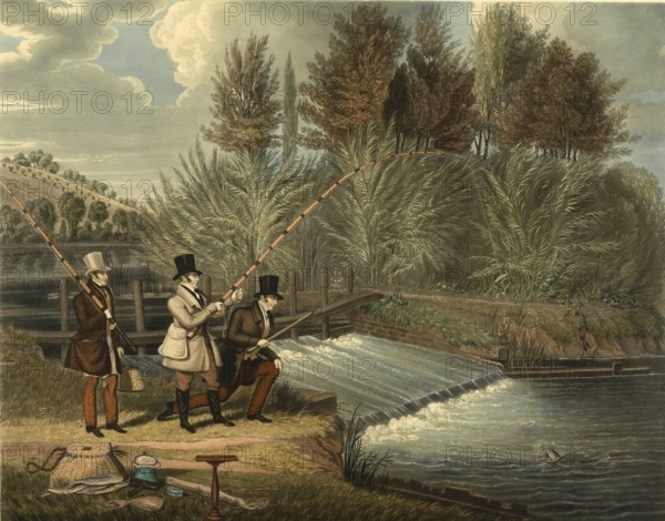 Fishing, Couple fly fishing by a river, 1860, England, Historical, digitally restored reproduction from a 19th century original, Record date not stated