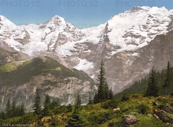 Mürren, Grutschalp, II, Eiger, Mönch and Jungfrau, Bernese Oberland, Switzerland, Historic, digitally restored reproduction from a 19th century original, Record date not stated, Murren, Monch and Jungfrau, Bernese Oberland, Switzerland, Historic, digitally restored reproduction from a 19th century original, Record date not stated, Europe