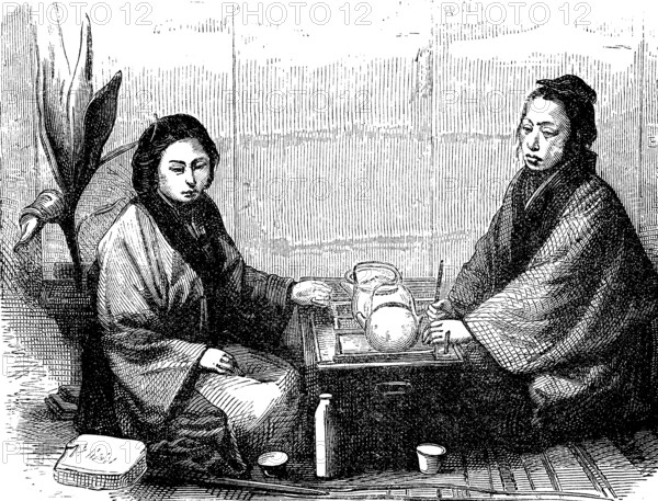 Japan in the late Middle Ages, Women's tea party, Illustration from 1870, Historical, digital reproduction of an original from the 19th century