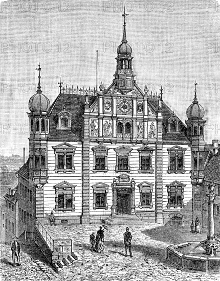The town hall of Hechingen, Baden-Württemberg, Germany, in 1890, Historical, digital reproduction of an original from the 19th century, Europe