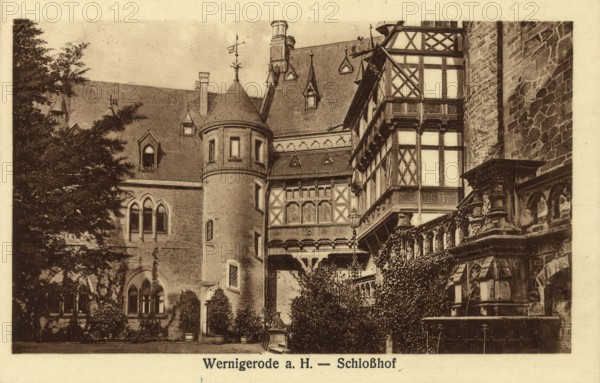 Historical postcard, picture postcard, castle courtyard in Wernigerode, Saxony-Anhalt, Germany, digitally enhanced reproduction of an original from around 1900, picture postcard, Europe
