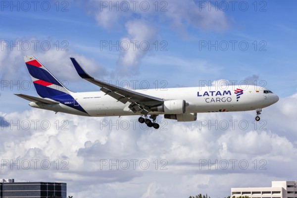 A Boeing 767-300BCF aircraft of LATAM Cargo with the registration number N568LA at Miami Airport, USA, North America