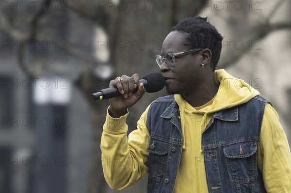 Eze Wendtoin, musician, recorded as part of the joint strike by Fridays for Future and local transport workers from the trade union ver.di, in Berlin, 01.03.2024