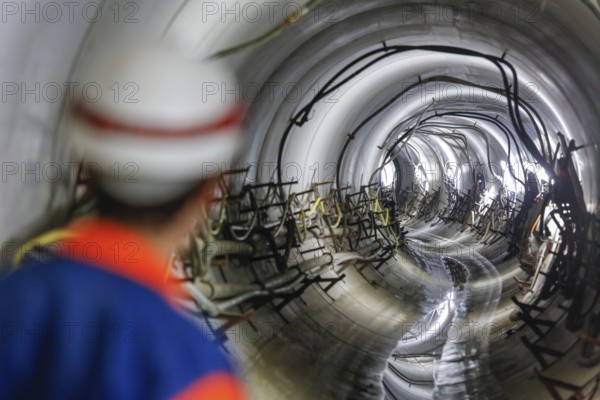 Theme photo Emscher conversion, the Emscher system will be sewage-free in 2021 - new construction of a sewer on the Boye, the second largest tributary of the Emscher, a tunneller goes through the DN 3500 tunnel, the Boye is being renaturalised, is being transformed into a near-natural body of water, was previously an open, The ecological conversion of the Emscher system consists of the construction of a central wastewater treatment system in the Ruhr area, the construction of sewers and the renaturalisation of the Emscher and its tributaries, archive photo from 13.11.2014, Bottrop, Ruhr area, North Rhine-Westphalia, Germany, Europe