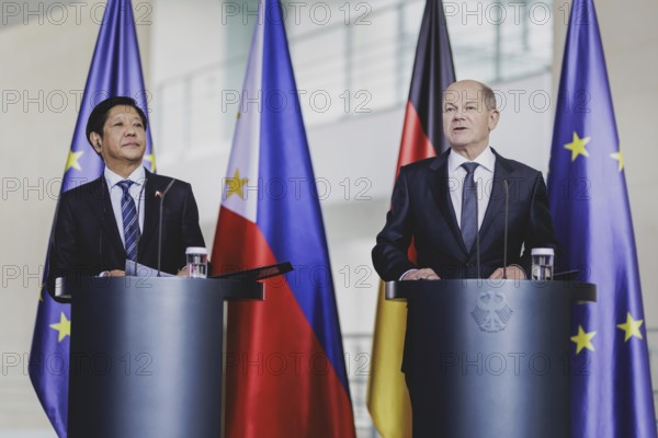(R-L) Olaf Scholz (SPD), Federal Chancellor, and Ferdinand Marcos Jr, President of the Philippines, speak to the media after a joint meeting in Berlin, 12 March 2024