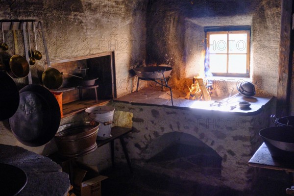 Kitchen, oven, fire, South Tyrolean Folklore Museum, Dietenheim, Freilchtmuseum, Pustertal, South Tyrol, Italy, Europe
