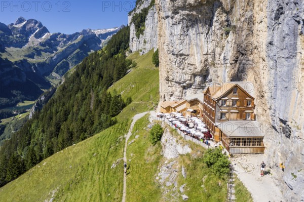 Ebenalp, Guest house Aescher, Wildkirchli under the Ascher cliff, aerial view, Ebenalp, Appenzell, Switzerland, Europe