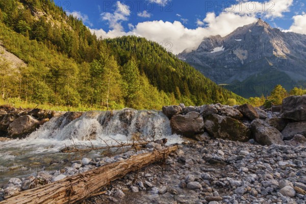 Little cascade at the Enger Grund Creek in the Nature conservancy area Grosser Ahornboden. Karwendel mountains, Austria, Europe