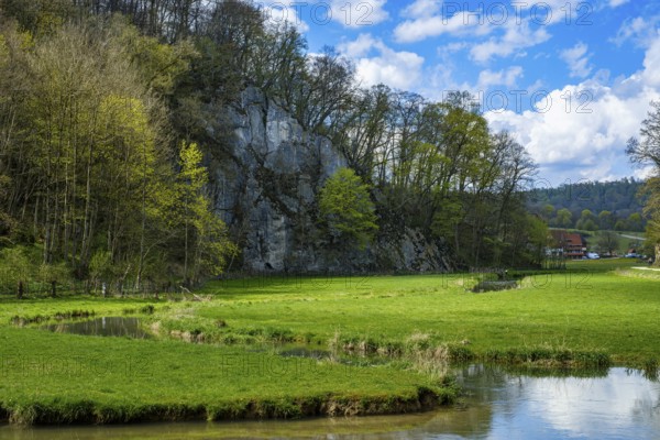 Picturesque valley of the Große Lauter in spring, near Unterwilzingen, Swabian Alb, Baden-Württemberg, Germany, Europe