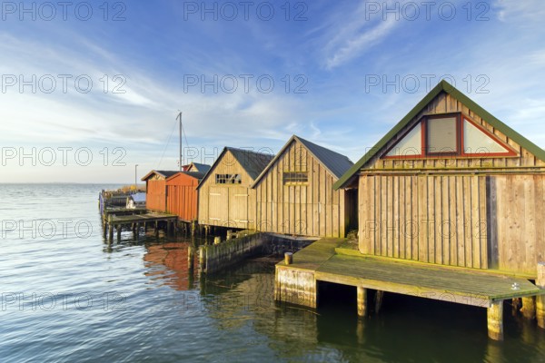Wooden boathouses in the harbour of the village Althagen, Fischland-Darß-Zingst, Mecklenburg-Vorpommern, Germany, Europe