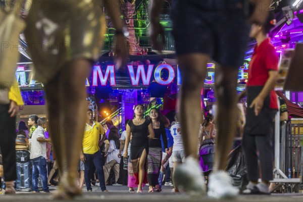 Crowds of people on Bangla Street in the evening. Nightlife on Bangla Walking Street with go-go bars, clubs, cannabis bars and extreme loudness. Patong, Kathu, Phuket Island, Thailand, Asia