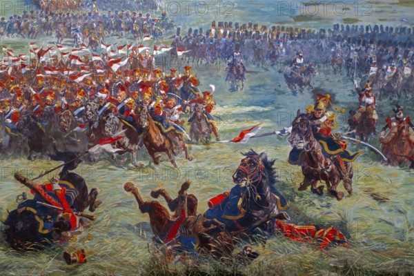 Battlefield scene at the Panorama, 360° fresco by Louis Dumoulin depicting 1815 Battle of Waterloo, last Napoleonic war at Braine l'Alleud, Belgium, Europe