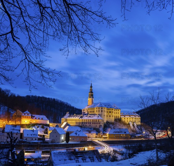 Winter evening in the Müglitz valley, impressively illuminated Weesenstein Castle at the blue hour, Weesenstein, Saxony, Germany, Europe