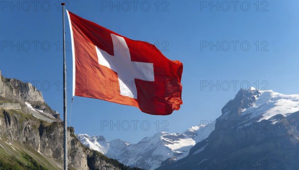 Flag, the national flag of Switzerland flutters in the wind