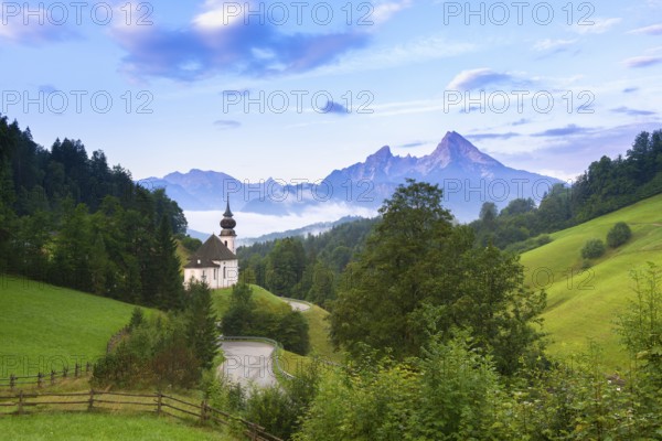 Maria Gern pilgrimage church, view of the Watzmann, in front of sunrise, Berchtesgarden Alps, Berchtesgaden, Berchtesgadener Land, Upper Bavaria, Bavaria, Germany, Europe
