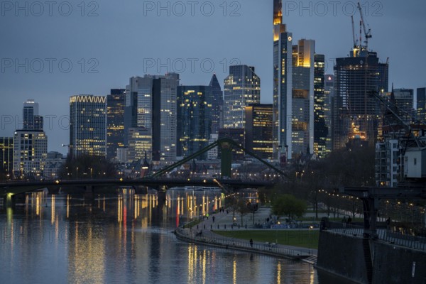Skyline of Frankfurt am Main, skyscrapers, business and banking district in the city centre, bank at Weseler Werft, Hesse, Germany, Europe