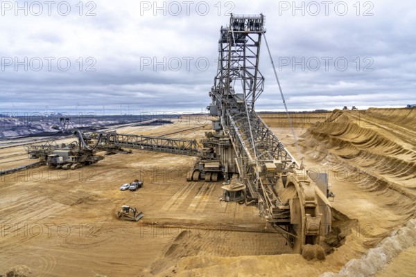 Opencast lignite mine Garzweiler 2, bucket wheel excavator 261 excavating the surface, near the rest of the hamlet of Lützerath, Erkelenz, North Rhine-Westphalia, Germany, Europe